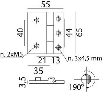 Scharnier Messing ver. Stiftschraubebef. 65x55mm
