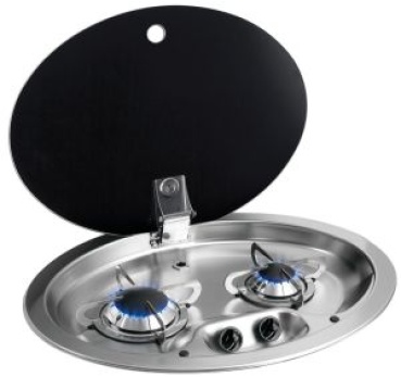 VA-Stahl-Kochfeld 2Flamm Rauchglasdeckel 510x390mm
