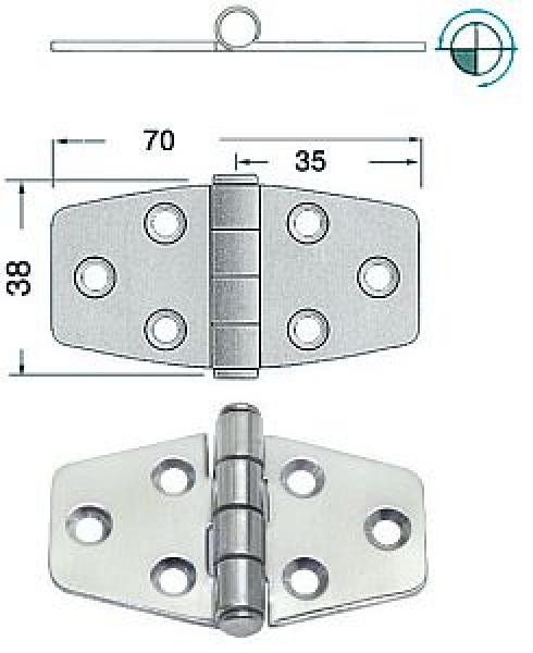 Scharnier herausragender Kern 2 mm 70x38 mm