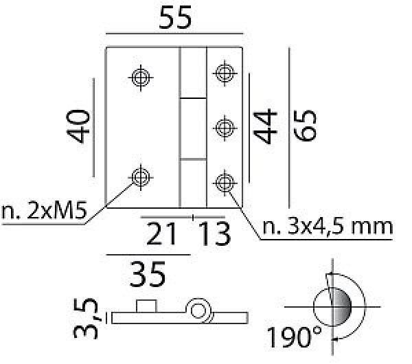 Scharnier Messing ver. Stiftschraubebef. 65x55mm