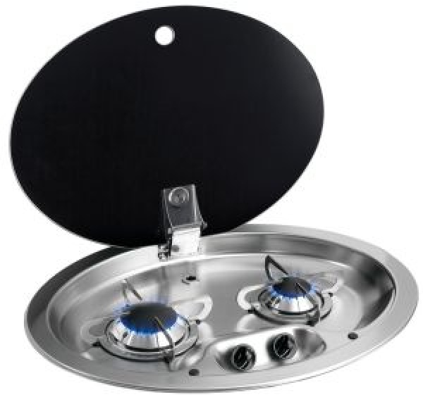 VA-Stahl-Kochfeld 2Flamm Rauchglasdeckel 510x390mm