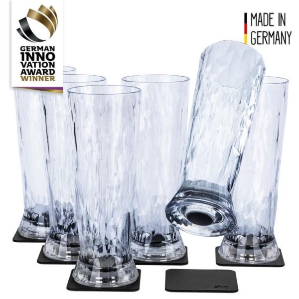 6 x Bierglas Kunststoff, 6 x Metall-Nano-Gel-Pad